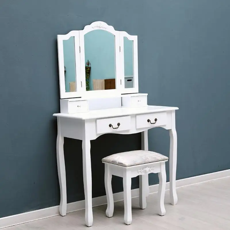Us 201 35 Dressing Table Stool Set Elegant Vintage Makeup Console Tri Folding Mirror 4 Drawers Furniture Desk In Us 201 35 Dressing Table Stool Set Elegant Vintage Makeup Console Tri Folding Mirror 4 Drawers Furniture Desk In