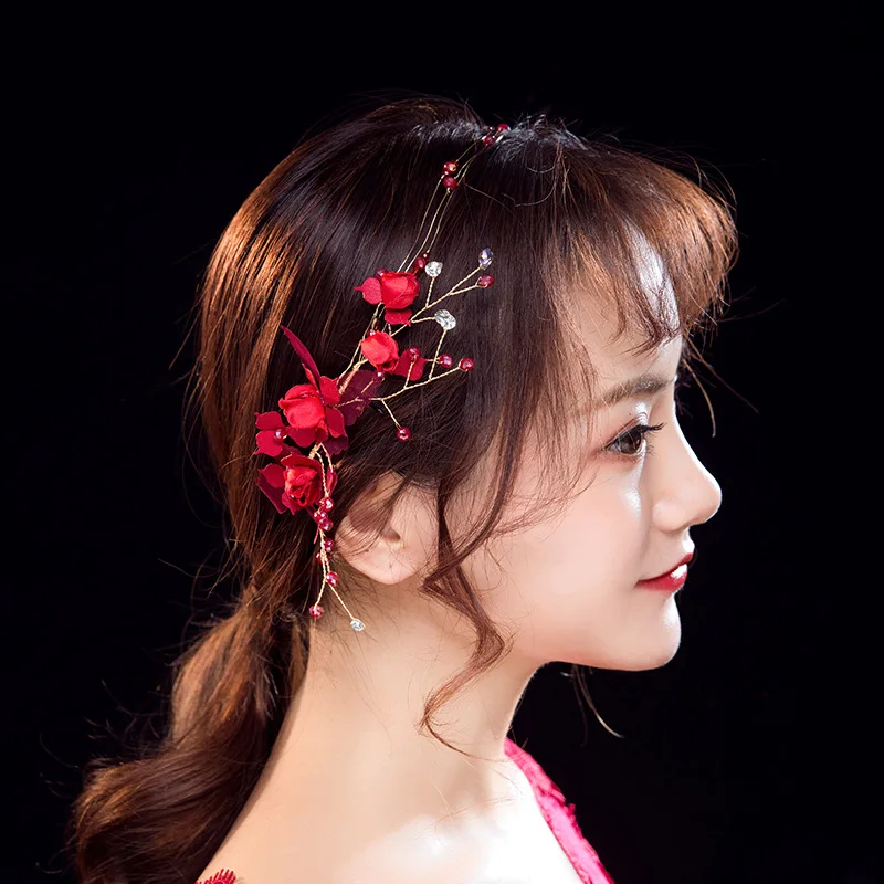 Red Bridal Hair Accessories Tiara Hairbands Red Flower Crystal Wedding