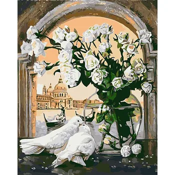 

Painting By Numbers DIY Dropshipping 40x50 50x65cm Window sill peace dove Animal Canvas Wedding Decoration Art picture Gift