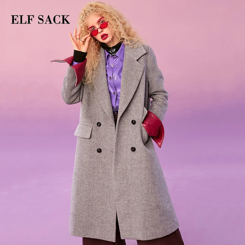 ELFSACK, зима, новинка, для женщин, 30.9% шерсть, куртки, полный, длинный, сплошной, отложной воротник, для женщин, шерсть, пальто, повседневное, широкая куртка с талией