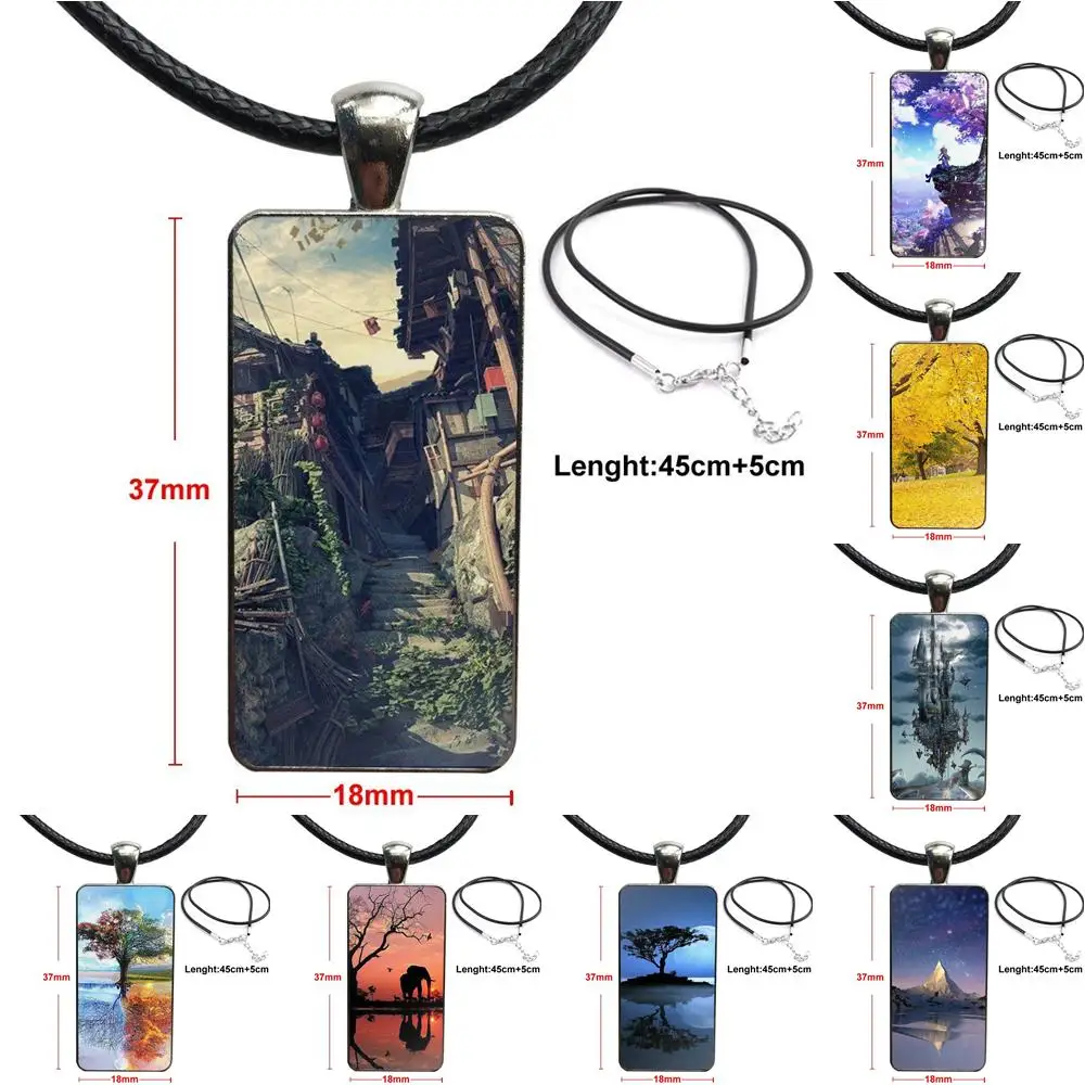 

Glass Cabochon Pendant Necklace Rectangle Fashion Necklace For Unisex Party Gift The 3d Environment Landscape