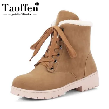 

TAOFFEN Women Ankle Boots Fashion Lace Up Round Toe High Heels Boots Plush Fur Snow Shoes Women Vintage Warm Shoes Size 33-43