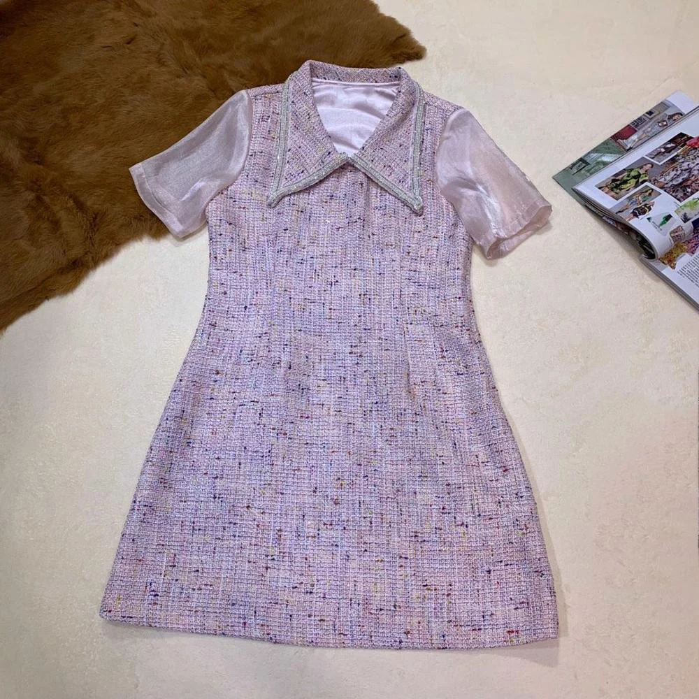 

2019 new ladies fashion short-sleeved lapel sequins tweed dress 0706