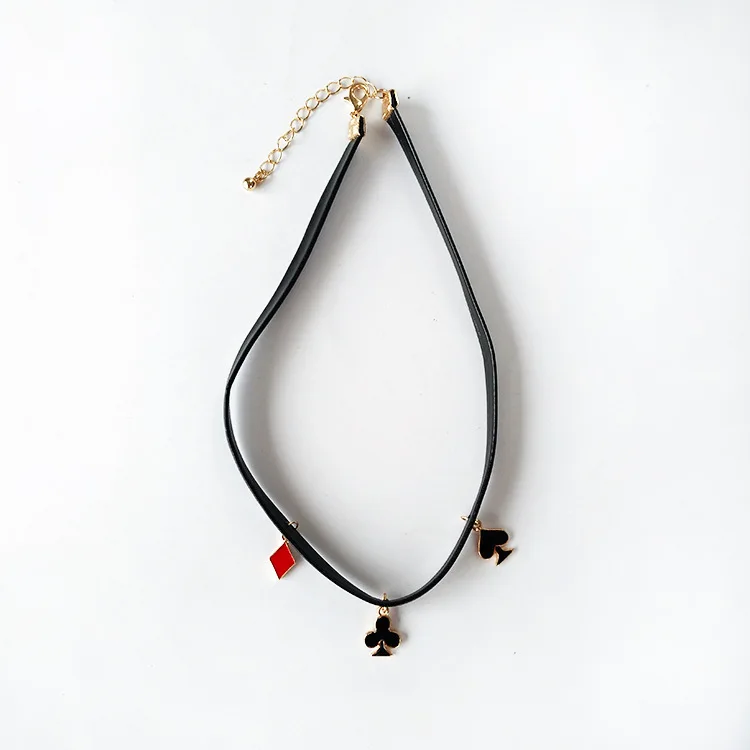 

Fashion Alice In Wonderland Poker Charms Black Imitation Leather Choker Necklace For Women Girls