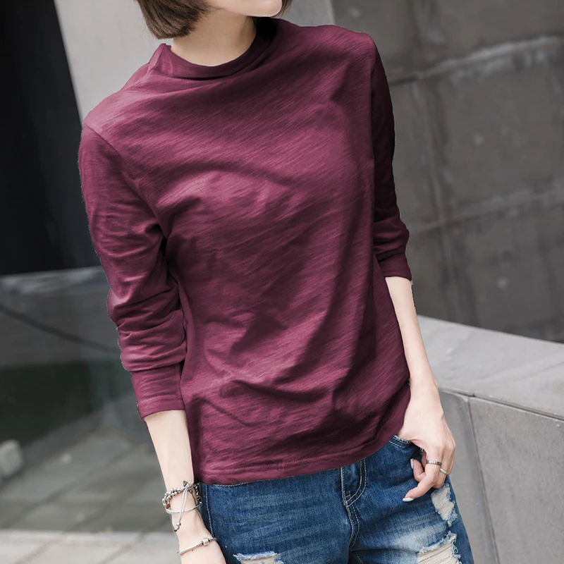 

long sleeved turtleneck women t-shirts 2019 summer new solid slim loose lady bamboo cotton solid outwear tops