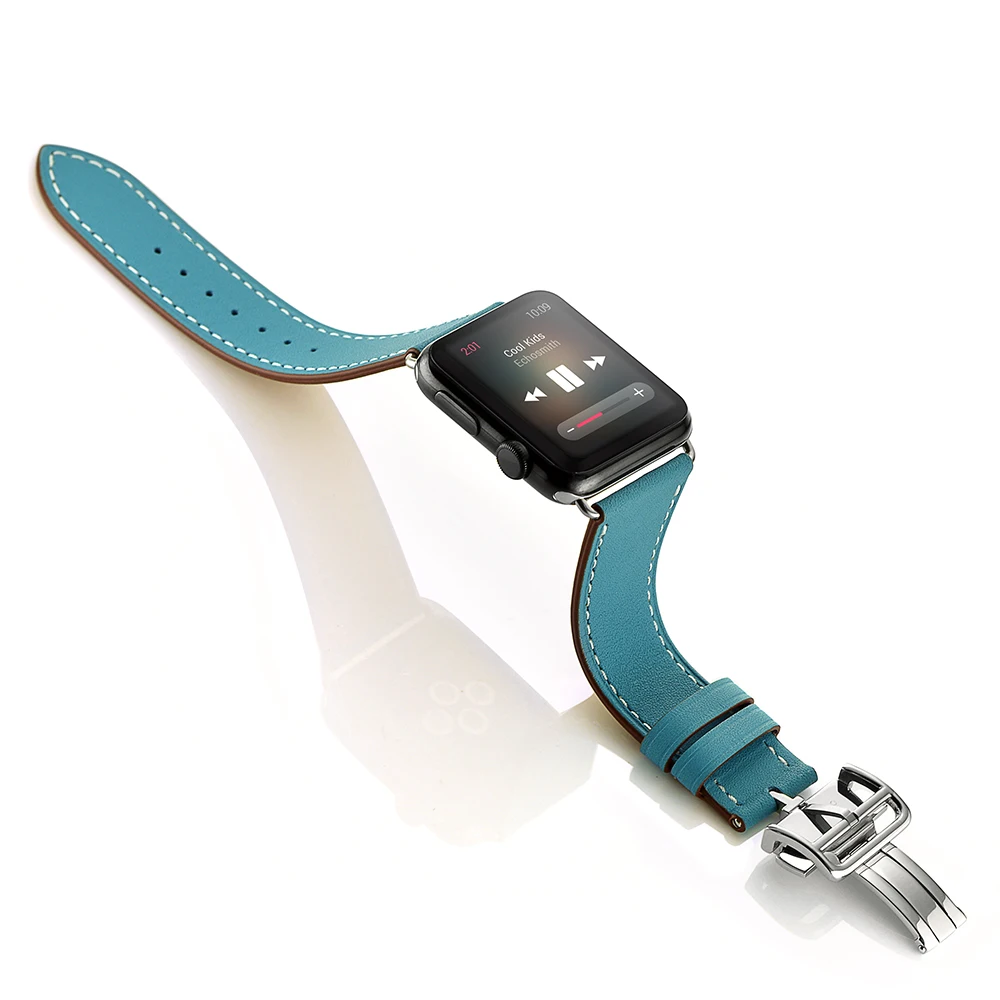 

Leather Bands For Apple Watch 40mm Series 4 Light Blue High Quality Replacement Bracelet Silver Deployment Buckle For iWatch