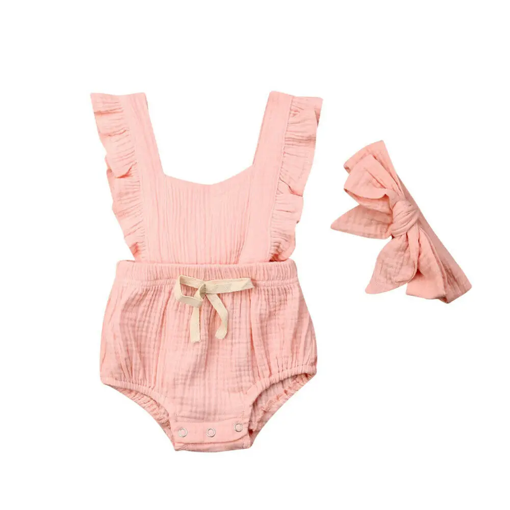 Детская летняя одежда Одноцветный обруч для новорожденных девочек, боди с оборками+ повязка на голову, 2 шт одежда хлопковая одежда, комплект - Цвет: Розовый