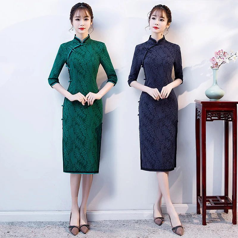 Благородный сексуальная длина до колена Cheongsam Новинка весны Винтаж платье в китайском стиле женские Qipao Тонкий Вечерние платья с пуговицами Vestido