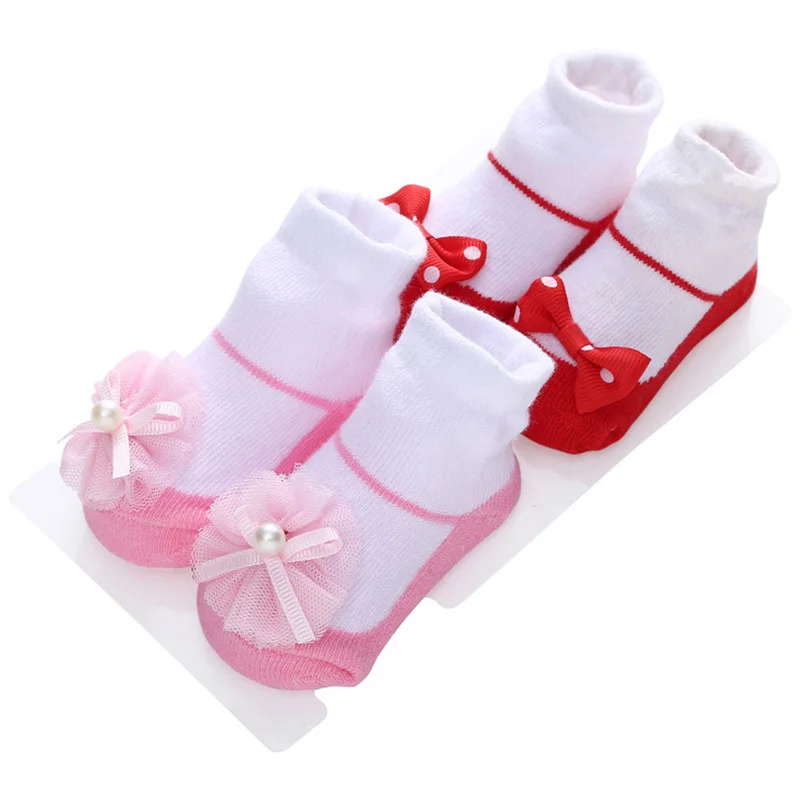 2 пар/компл., милые носки с бантом для маленьких девочек, весенние хлопковые носки-тапочки для малышей, кружевные носки принцессы с цветами для новорожденных, meia infantil