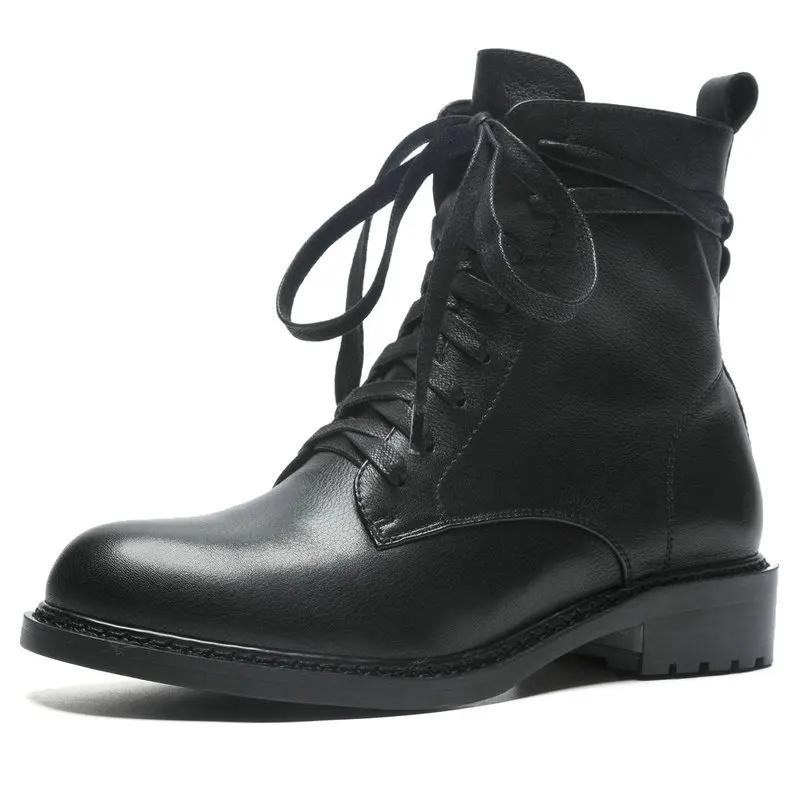 

Round Toe Flat Combat Boots Women 2019 NEW Genuine Leather Lace-Up Ankle Boots Fall Comfort Short Boots Ladies Shoes