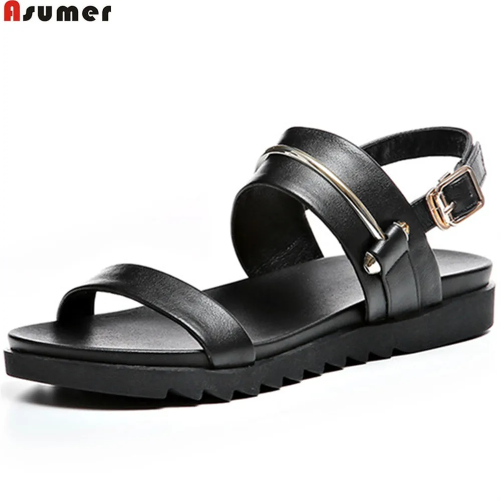 ASUMER black white buckle casual ladies summer shoes flats comfortable women genuine leather sandals