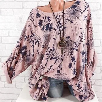 

Women Large size Blouse 2019 spring summer stitching large round neck bat sleeve shirt printed dot shirt casual loose Loose tops