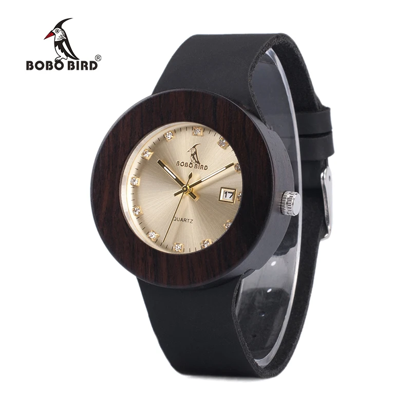 Relógio de Pulso de Madeira Relógio de Ouro Bobo Pássaro Masculino Feminino Redonda Case Diamante Dial Data Automática Dames Horloges V-c03