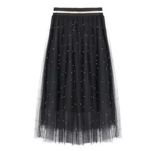 Тюль Бисер Женская юбка весна сетки бисер Тюлевая женский серебряный жемчуг юбки с бисером эластичный пояс плиссированные юбки сетки