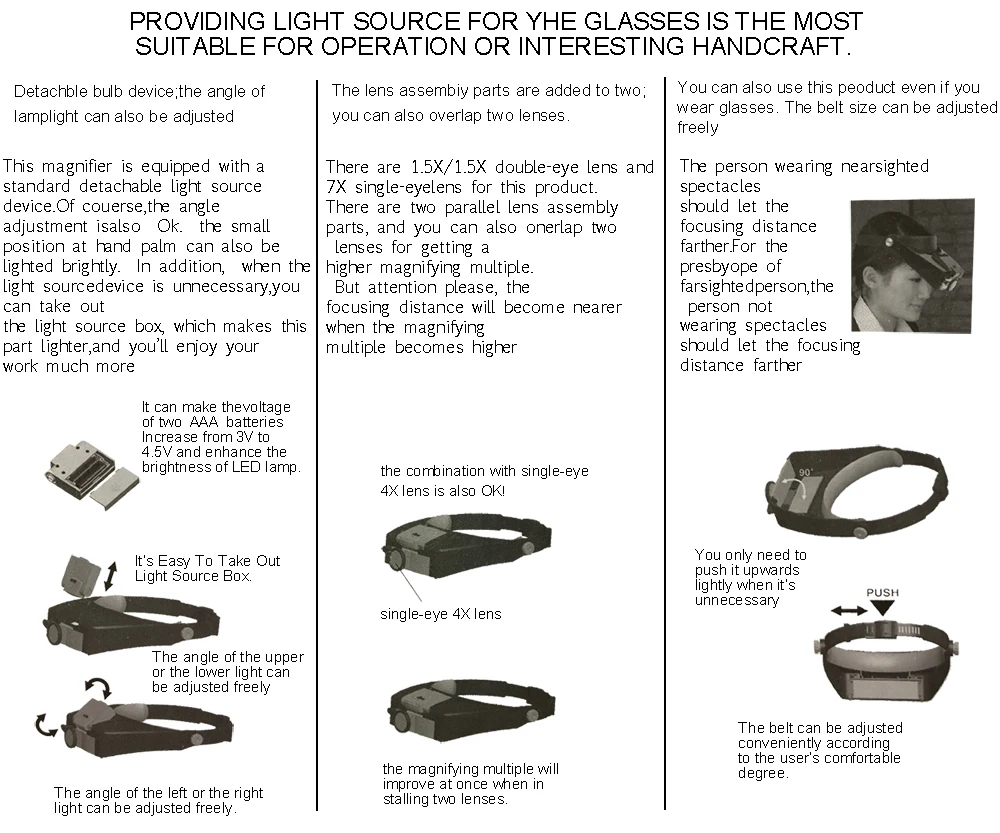 Оголовье лупа очки, 1.5x 3X 8.5x 10x очки увеличительное стекло с 2 светодиодный фонарь лампа голова Лупа для ремонта