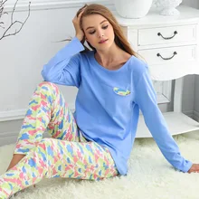 Новое поступление Женская одежда Весна Хлопок Длинные рукава О-образным вырезом пижамы большой размер Женская домашняя одежда хлопчатобумажные пижамы