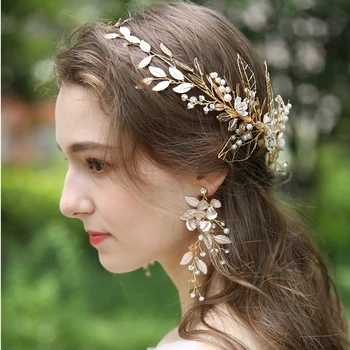 

Jonnafe Gold Leaf Flower Women Prom Earring Handmade Pearls Wedding Jewelry Accessories Bridal Drop Earrings