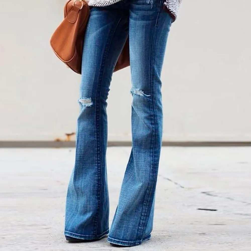 SAGACE новые модные брюки женские повседневные длинные джинсы джинсовые рваные женские Стрейчевые с посадкой на талии тонкие расклешенные