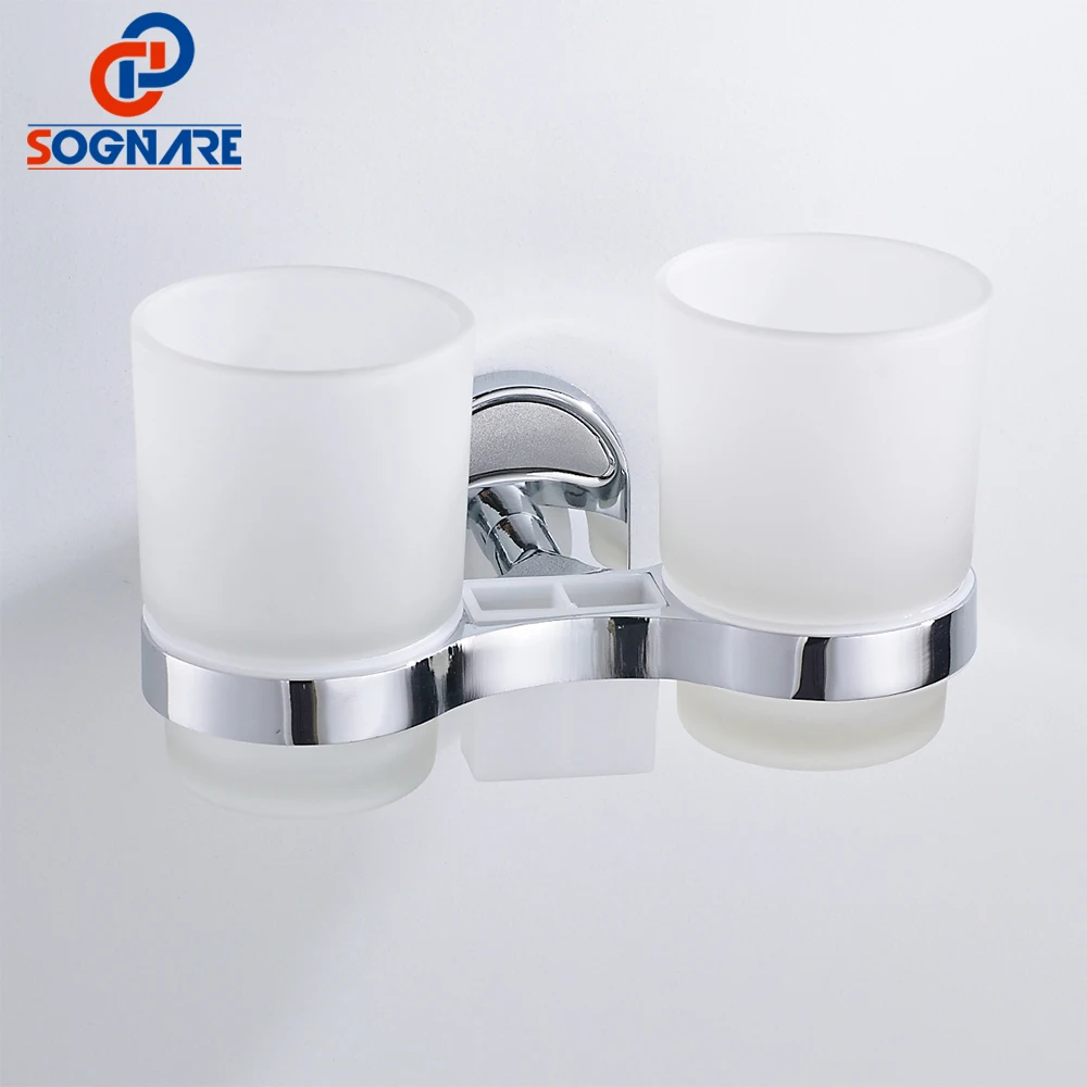 Billige SOGNARE Silber zink legierung Zahnbürste Zahn Tasse Halter Doppel Tasse Halter Glas Tassen Wand Montieren Bad Zubehör Chrom 1608 2