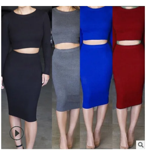 

women's set 2019 two piece solid elastic pullover o-neck elastic waist slim sexy cotton and linen knitted dress