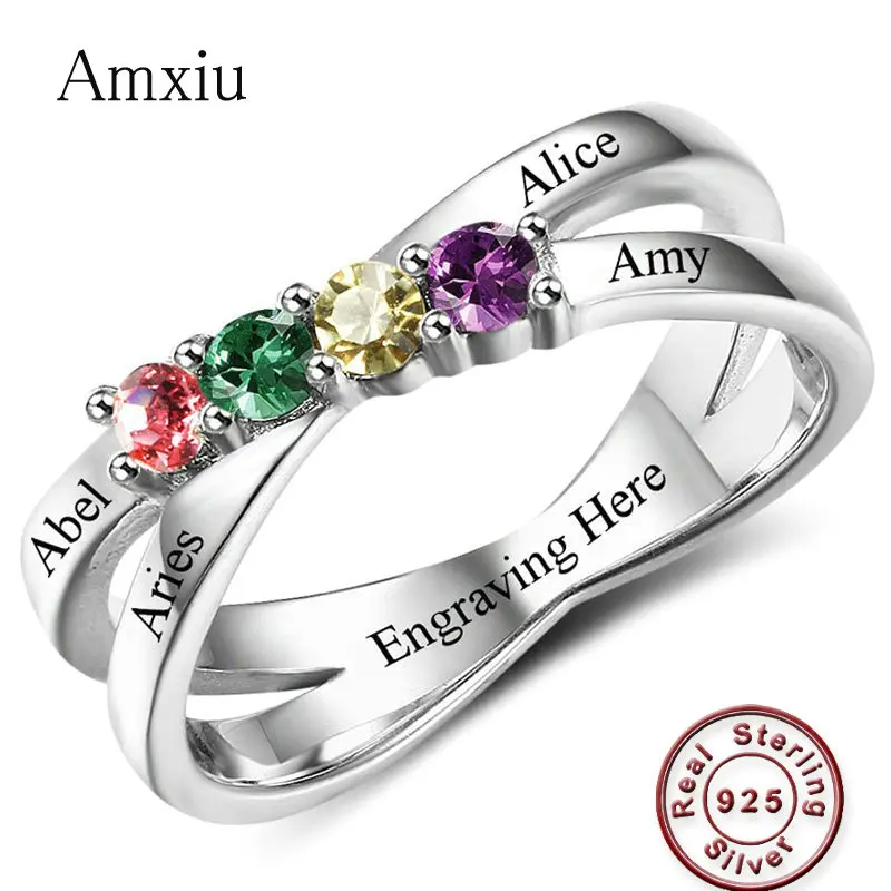 Amxiu Personalized Name Ring 100% 925 Sterling Silver Ring with Birthstones Custom Four Names Rings For Women Mom Accessories pesonalized photo ring custom ring with picture inside customized rings gifts for women valentine s day birthday anniversary