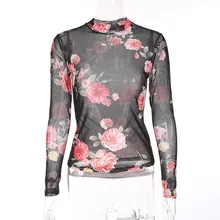 Чехол с цветами сетчатый топ новые модные женские прозрачные футболки женские с длинными рукавами футболки Feminino сексуальный топ Mujer