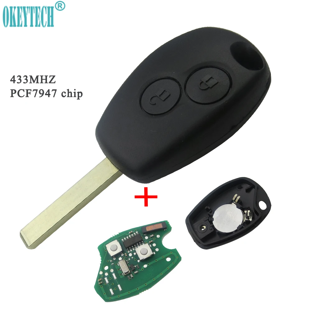 

OkeyTech 2 Buttons Remote Key Keyless Entry Key Fob Control 433MHz with PCF7947 Chip for Renault Clio Kangoo Master Modus Twingo