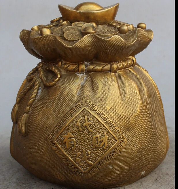 

zhaorui6629++8" Folk Chinese Bronze Wealth Yuanbao Money Bag Treasure bowl Coin Rich Statue