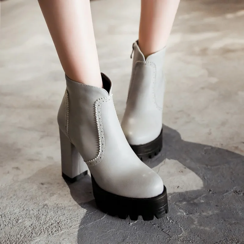 

new fashion 2016 women boots Cut Outs high heels shoes woman zipper Ankle solid sexy platform Thick with  Short boots size 43