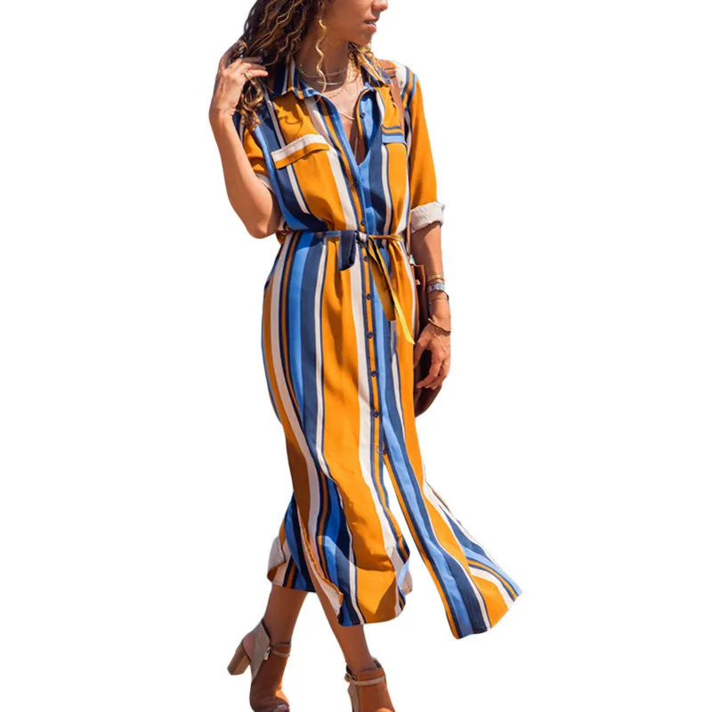 

Spring and Autumn Stripes Long Sleeve High Waist Lace-up Women's Chiffon Led Dress Fashion Casual Hot Dress