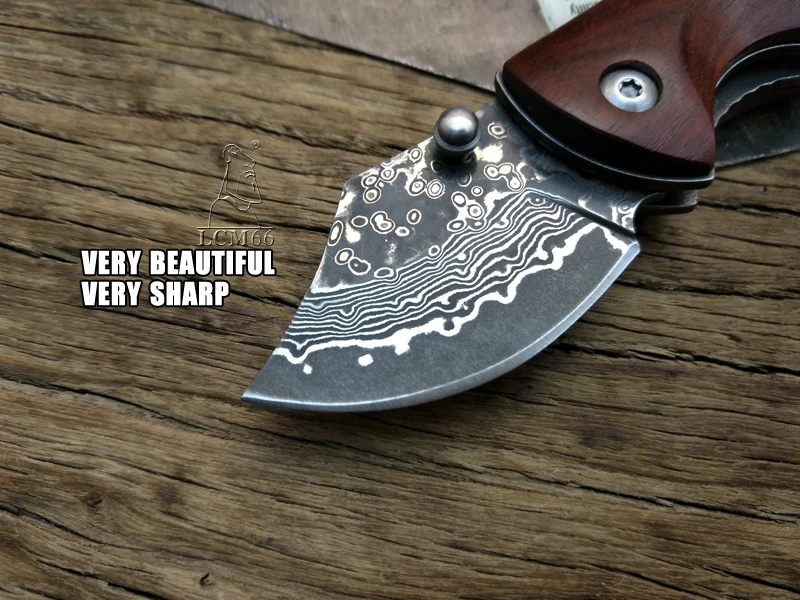 LCM66 Damascus folding knife, yellow pear Survival Knives,Very sharp Mini Rescue Pocket Knife,Gift Key knife Tools