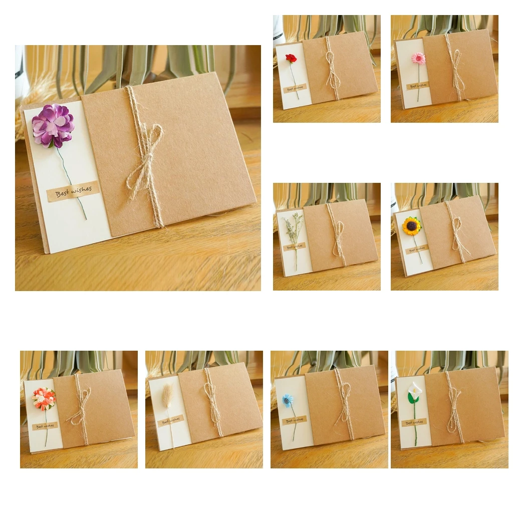 6pcs Rustic Dried Flower Kraft Paper Greeting Cards Handmade Crafts Blank Inside With Envelops