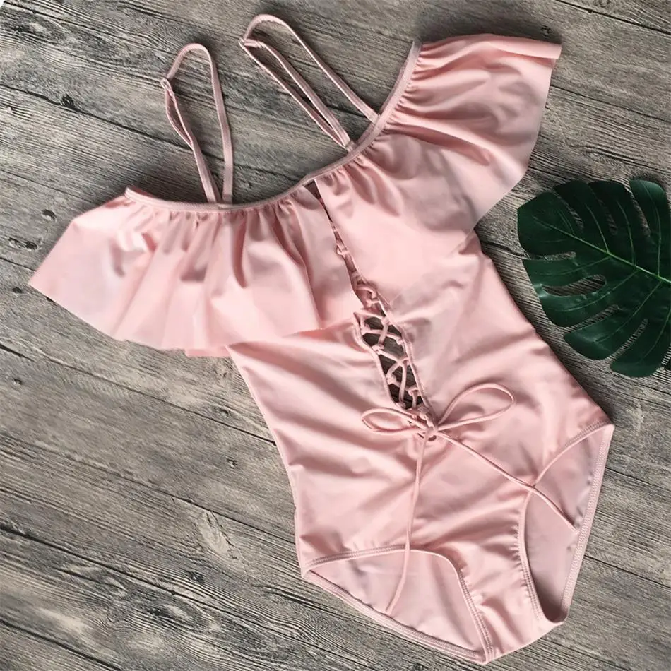 2018 Solid Bandeau Ruffle One-Piece Suits Triangle Swimsuit Adjustable Straped Padded Swimwear Summer Sexy Bandage Bathing Suit 2018 Solid Bandeau Ruffle One-Piece Suits Triangle Swimsuit Adjustable Straped Padded Swimwear Summer Sexy Bandage Bathing Suit