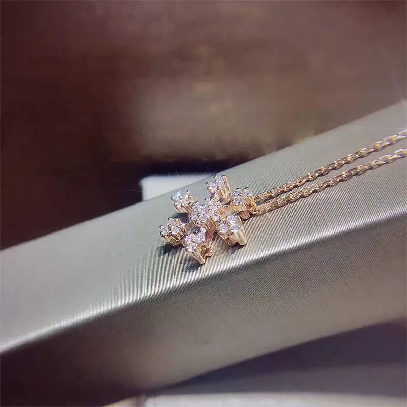 ANI 18 K розовое золото(AU750) крест кулон 0.159ct I-J/SI сертификат настоящий натуральный алмаз снег Форма Женщины Золотая цепочка, колье