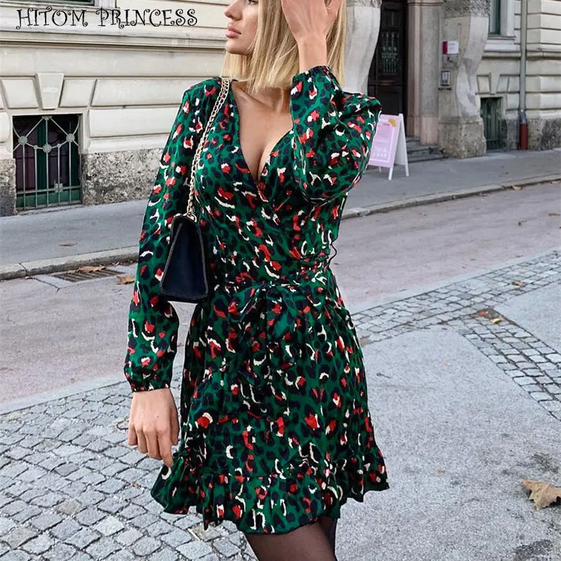 

HITOM PRINCESS Women Sexy V-neck Leopard Dress Long Sleeve Wrap Mini Party Dress Streetwear Autumn Dresses Vestidos