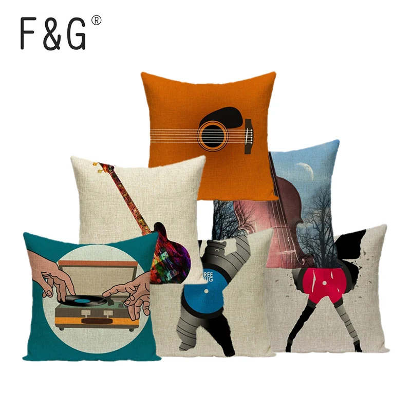 

Guitar Creative Pattern Cushion Covers Musical Instrument Cotton Linen Art Pillowscases Decorative Chair Cushion Sofa Home Decor