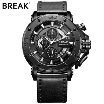 BREAK Top Luxury Brand Fashion Casual Watch Men Chronograph Quartz Military Genuine Leather Relogio Masculino Sport Wrist Watch 5