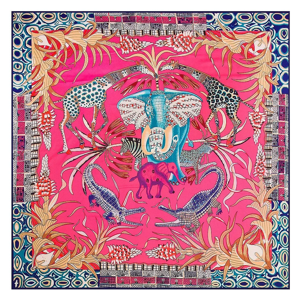 

POBING 100% Twill Silk Square Scarf Animals Print Women Scarves&Wrap Giraffe Neckerchief Spanish Foulards cachecol Large Bandana