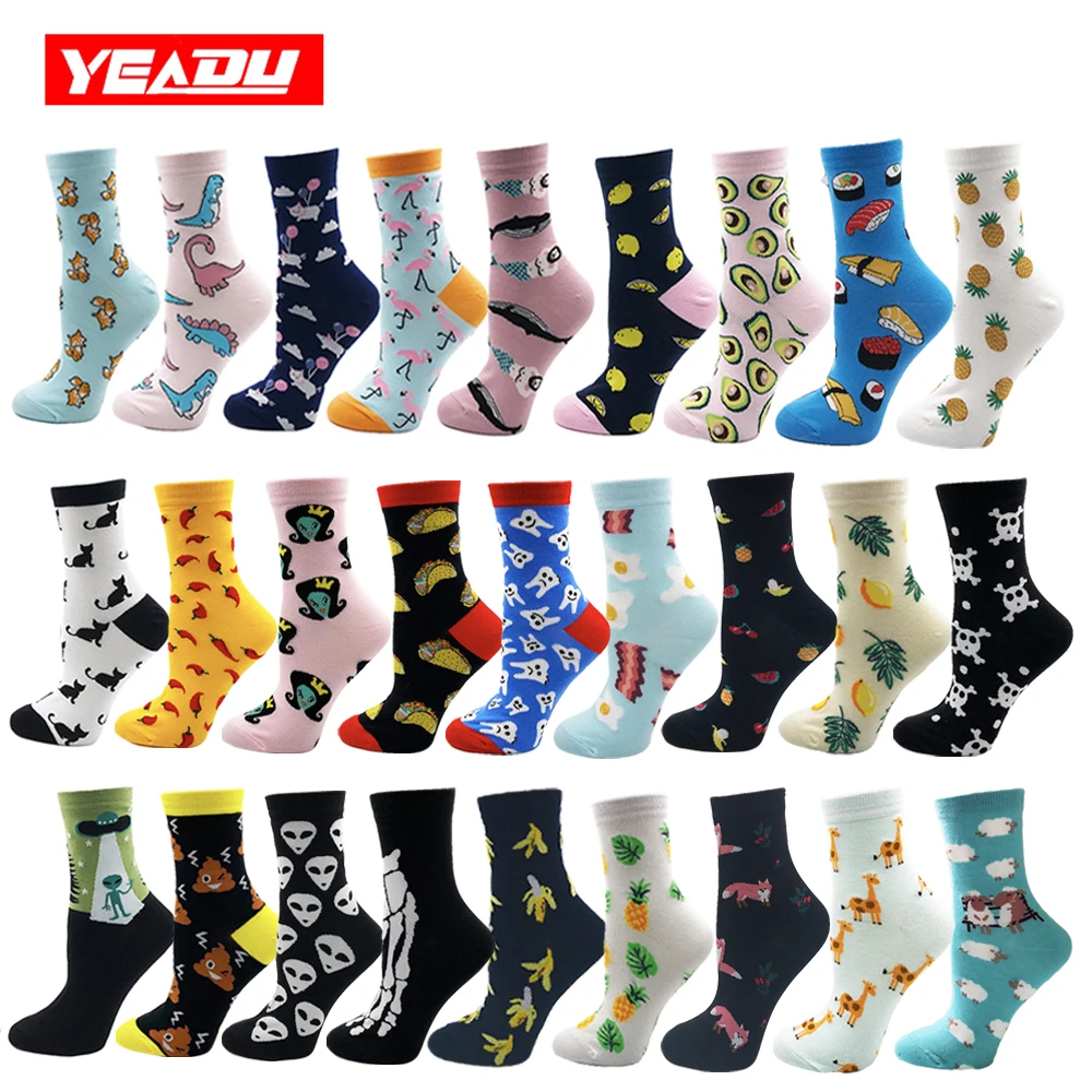 YEADU женские носки японский хлопок Красочные мультфильм милый забавный счастливый kawaii череп инопланетянин авокадо носки для девочек