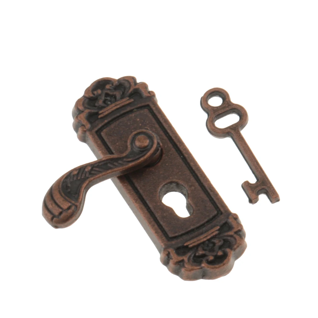 4 pcs 1:12 Vintage Metal Door Knob Plate Key Set Locks with Handle & Keys Dollhouse Miniature Left Handle