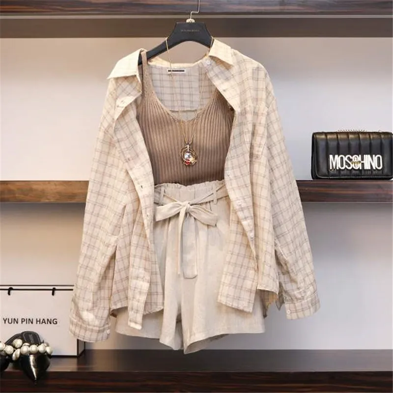 

CBAFU summer women 3 piece set casual linene plaid tops shorts suit elastic waist wide legs short suit women's set vintage D853
