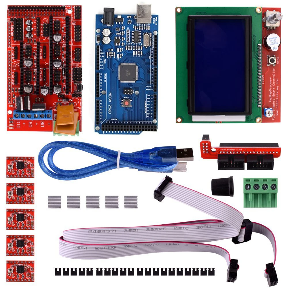 Набор 3D-принтеров с рампами 1,4+ Mega 2560+ 5 шт. A4988 с радиатором+ lcd 12864 Графический контроллер смарт-дисплея с адаптером