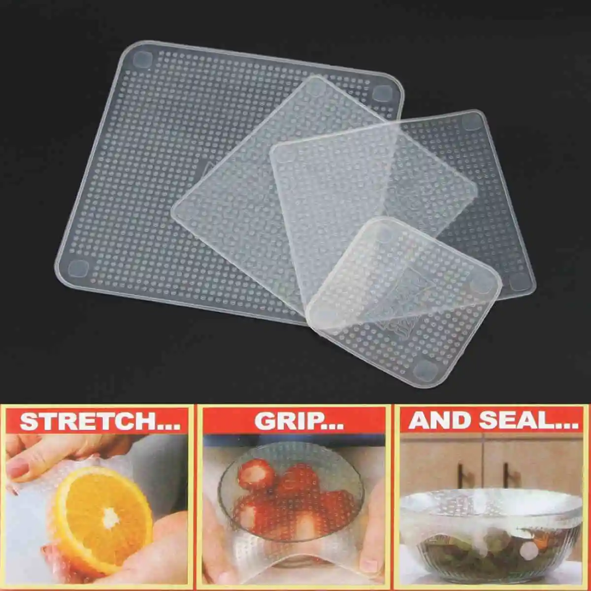 4pcs 1 set  Reusable Clear Stretch Fresh Food Wraps Seal Cover Kitchen Accessories Tool