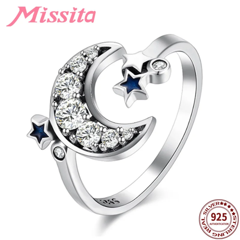 

MISSITA 100% 925 Sterling Silver Blue Star Clear Moon Rings For Women Silver Jewelry Brand Wedding Finger Ring HOT SELL Gift