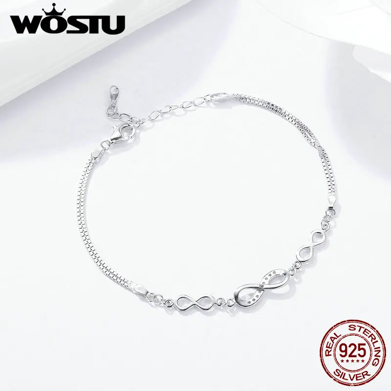 

WOSTU Hot Sale 925 Sterling Silver Endless Love Infinity Chain Link Adjustable Women Bracelet Luxury Silver Jewelry FIB037