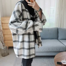 Мужская Осенняя рубашка, новая модная повседневная свободная шерстяная куртка с капюшоном и длинными рукавами, уличная мужская клетчатая рубашка, верхняя одежда для мужчин