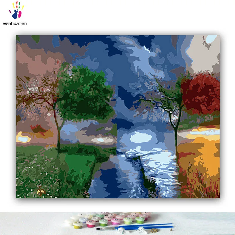 

DIY Coloring paint by numbers Four seasons tree river Abstract figure paintings by numbers with kits 40x50 framed