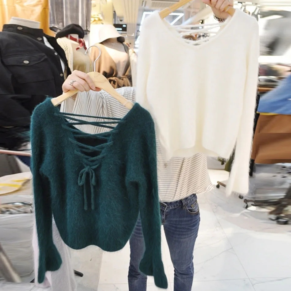 2018 New Vogue Solid Lacing Women Sweater Korean Long Sleeve V Neck Female Knitted Pullovers Casual Loose Ladies Winter Base Top