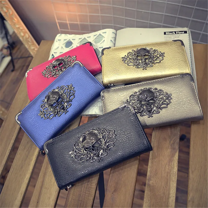 Metal Skull Pattern Long Wallet Ladies Handbag Zipper Skeleton Purse Clutch Card Holder Wallet Carteira Feminina Metal Skull Pattern Long Wallet Ladies Handbag Zipper Skeleton Purse Clutch Card Holder Wallet Carteira Feminina