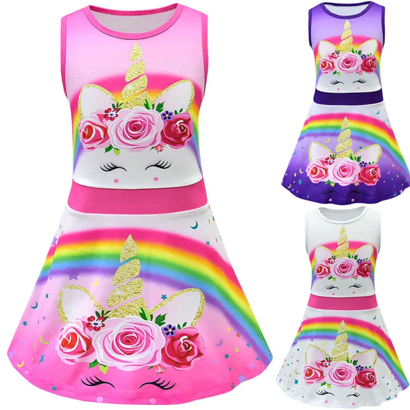 

2019 Fashion Girls Princess Dresses Kids Cartoon Printed Sequins Rainbow Dress Children Summer Clothes Girl Carnival Dresses